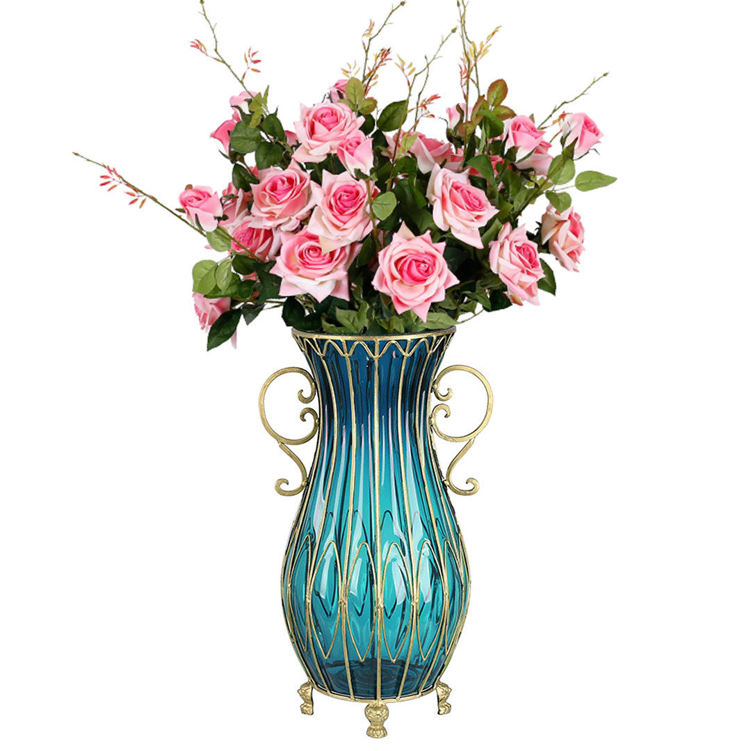 SOGA 51cm Blue Glass Tall Floor Vase with 12pcs Pink Artificial Fake Flower Set Soga