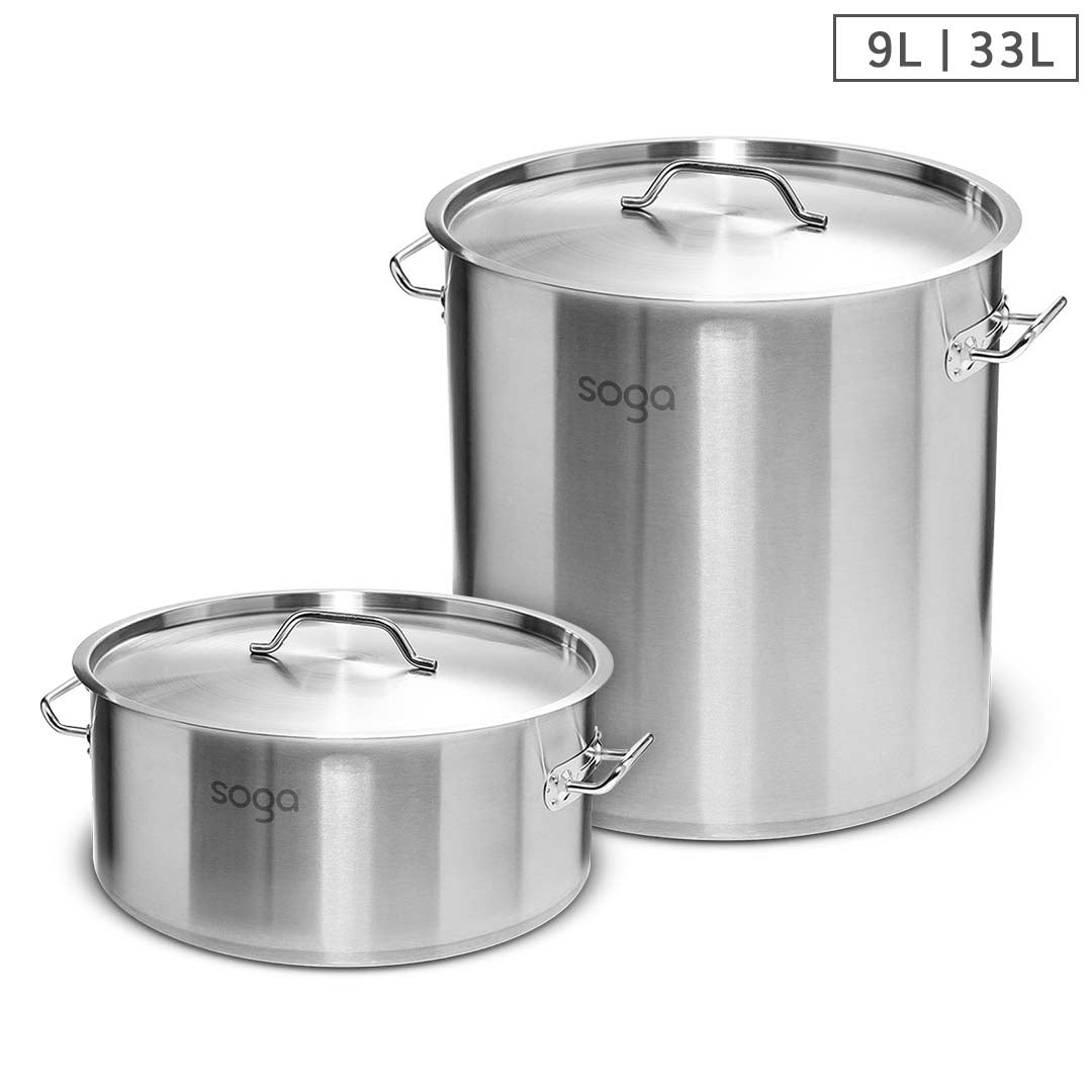 SOGA 9L Wide Stock Pot  and 33L Tall Top Grade Thick Stainless Steel Stockpot 18/10 Soga