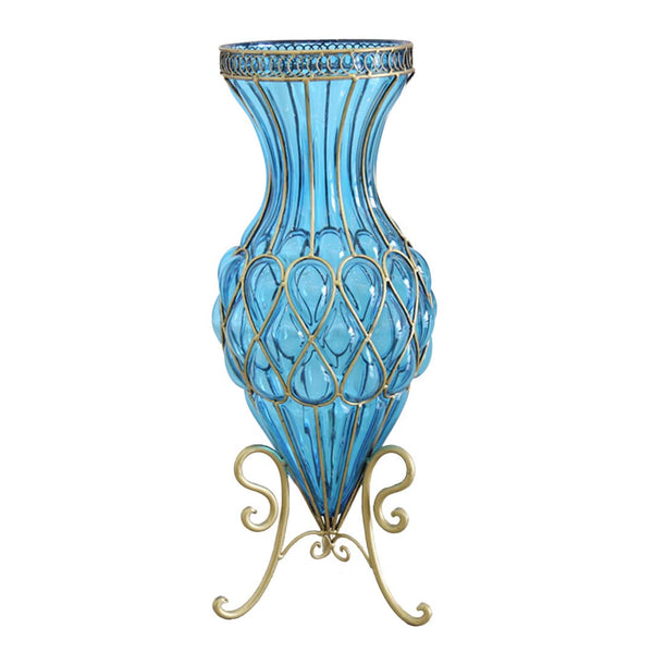 SOGA 67cm Blue Glass Tall Floor Vase with Metal Flower Stand Soga