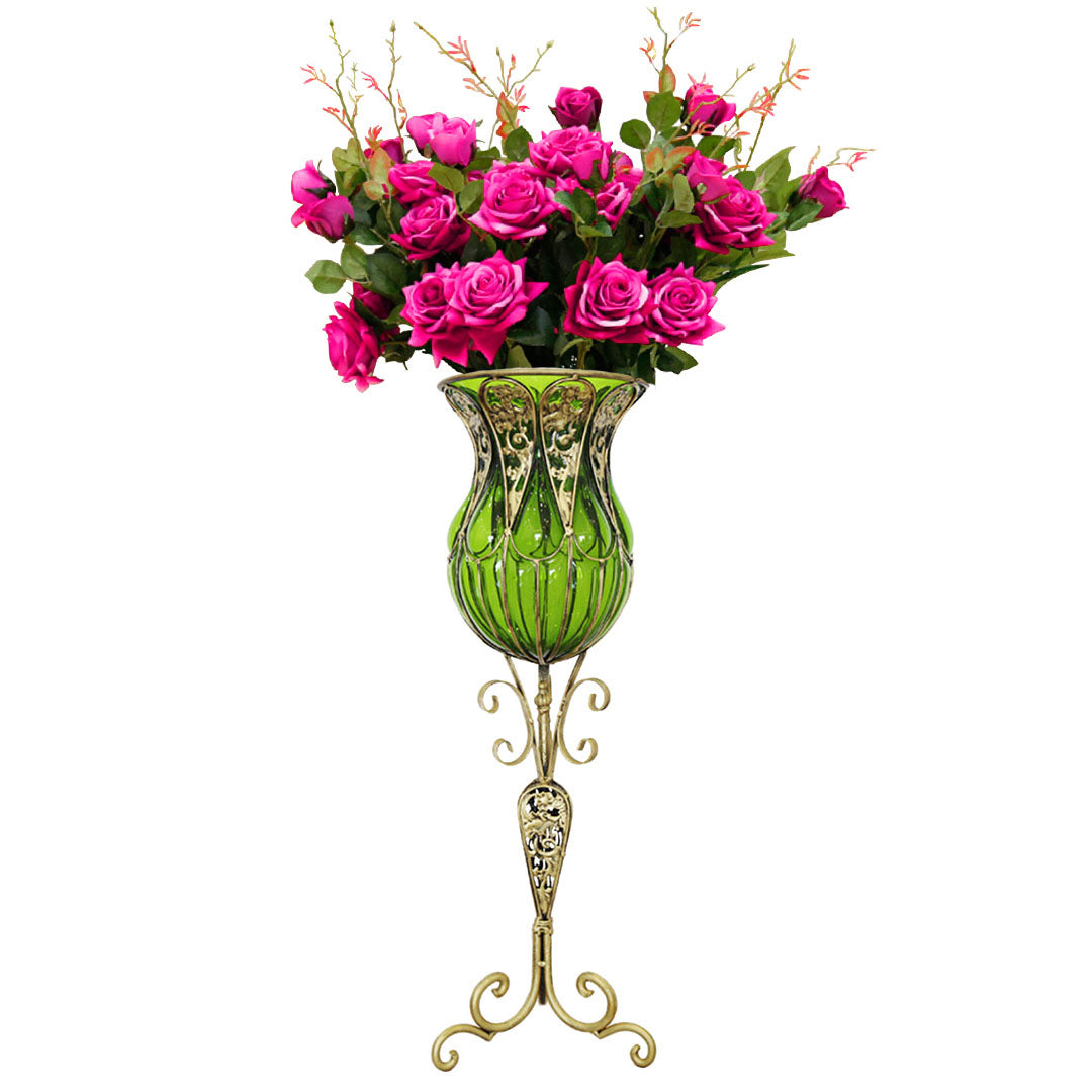 SOGA 85cm Green Glass Tall Floor Vase and 12pcs Dark Pink Artificial Fake Flower Set Soga