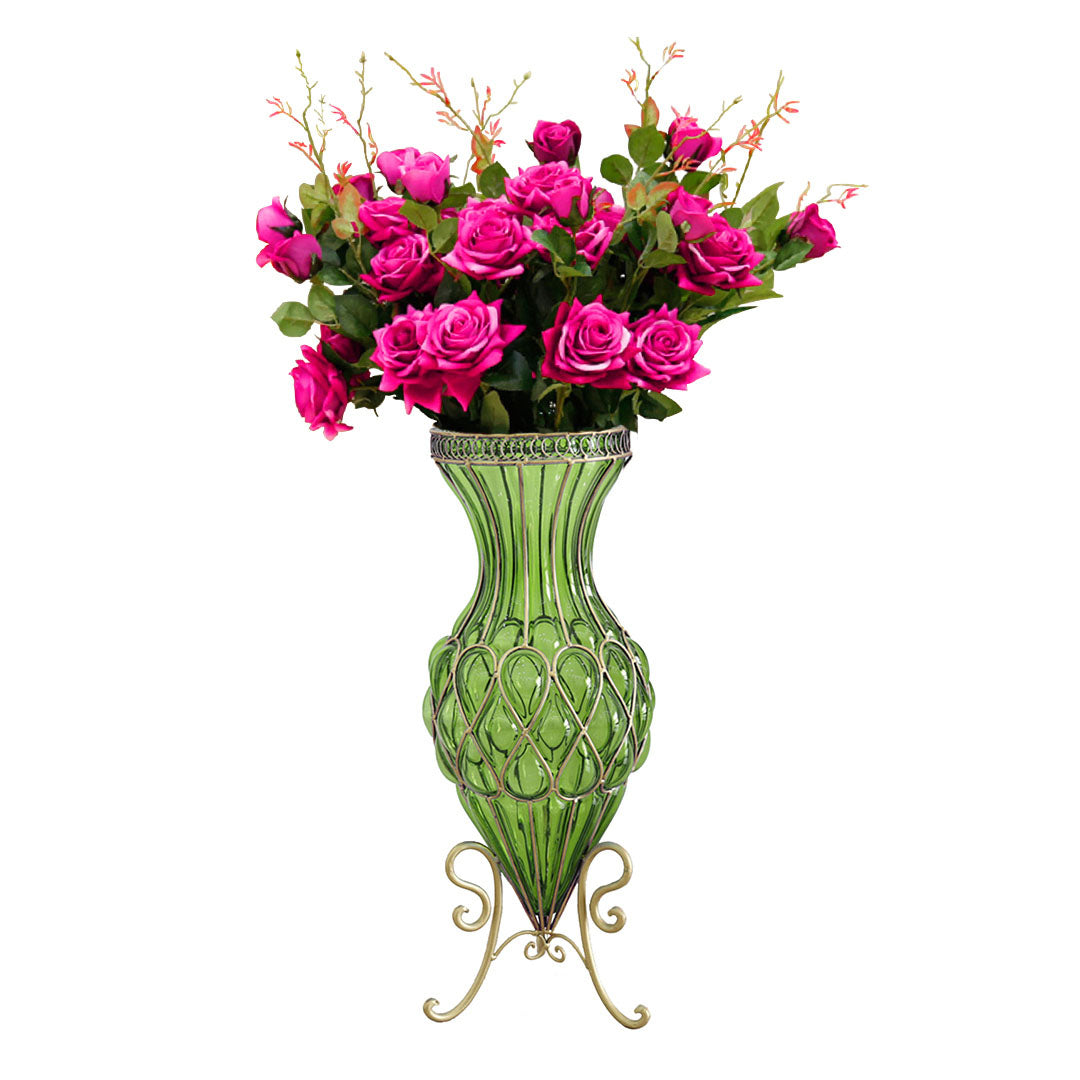 SOGA 67cm Green Glass Tall Floor Vase and 12pcs Dark Pink Artificial Fake Flower Set Soga