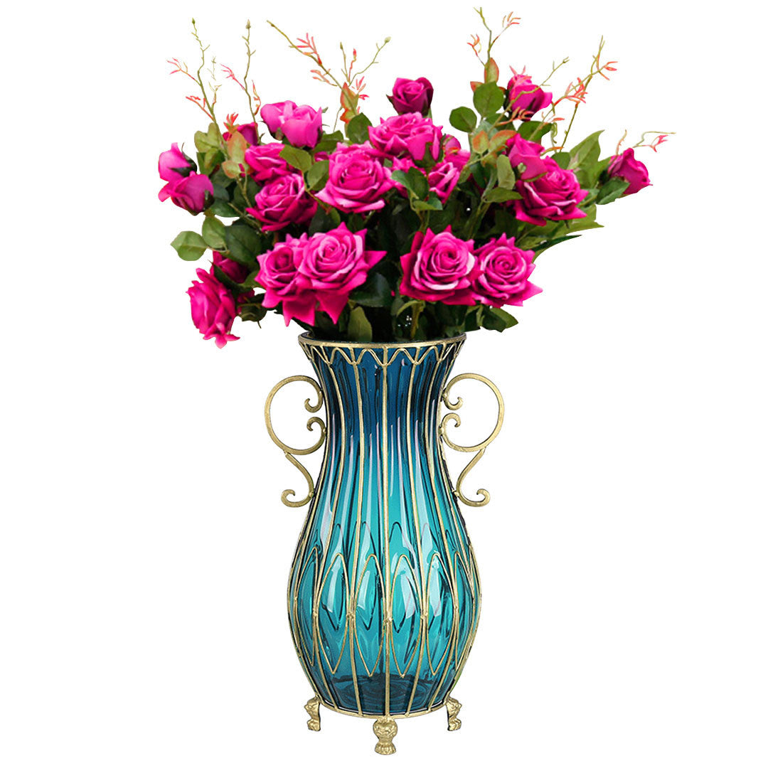 SOGA 51cm Blue Glass Tall Floor Vase with 12pcs Artificial Fake Flower Set Soga