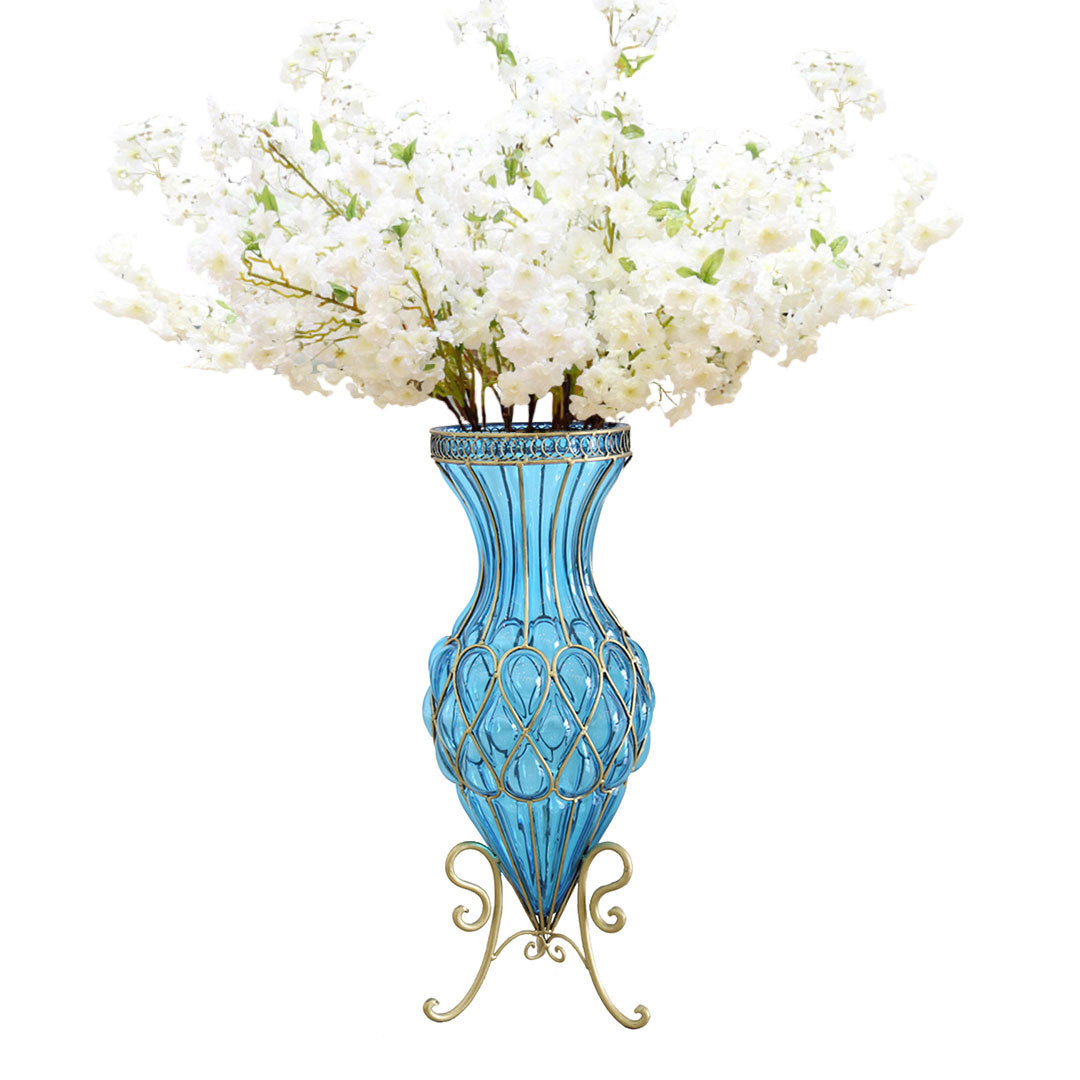 SOGA 67cm Blue Glass Tall Floor Vase with 10pcs White Artificial Fake Flower Set Soga