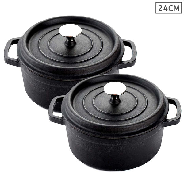 SOGA 2X Cast Iron 24cm Stewpot Casserole Stew Cooking Pot With Lid Black Soga