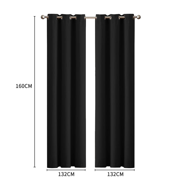 2x Blockout Curtains Panels 3 Layers Eyelet Room Darkening 132x160cm Black Deals499