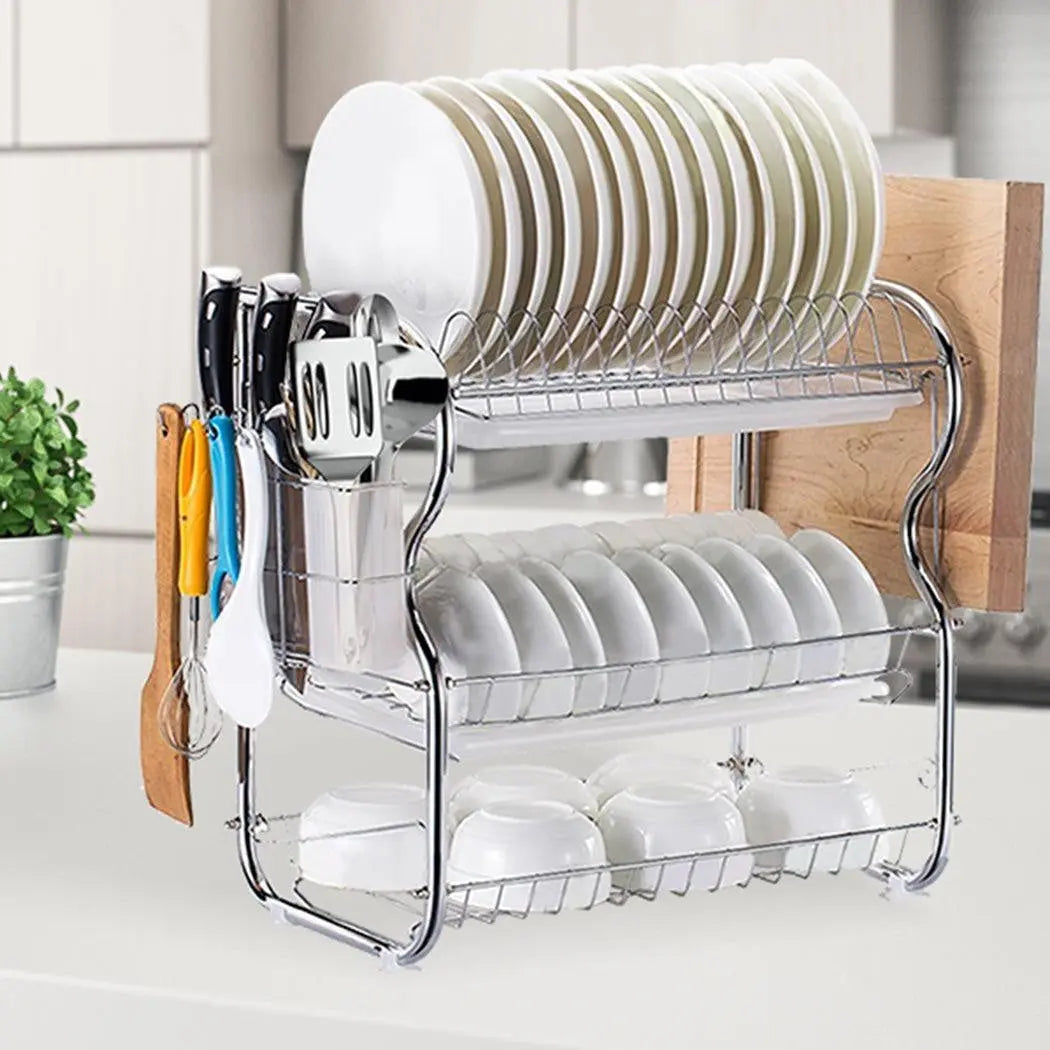 3 Tier Stainless Steel Dish Rack Drainer Tray Kitchen Storage Cup Cutlery Holder Deals499