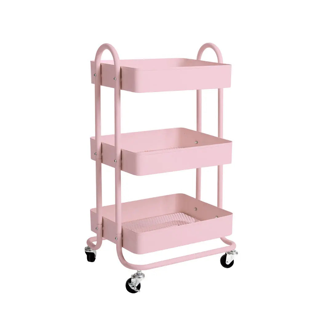 3 Tiers Kitchen Trolley Cart Steel Storage Rack Shelf Organiser Wheels Pink Deals499