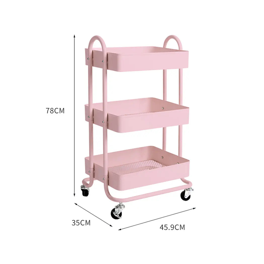 3 Tiers Kitchen Trolley Cart Steel Storage Rack Shelf Organiser Wheels Pink Deals499