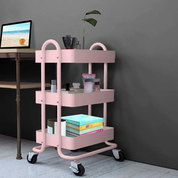 3 Tiers Kitchen Trolley Cart Steel Storage Rack Shelf Organiser Wheels Pink Deals499