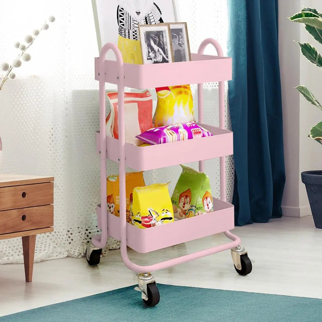 3 Tiers Kitchen Trolley Cart Steel Storage Rack Shelf Organiser Wheels Pink Deals499