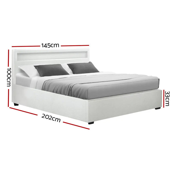 Artiss Cole LED Bed Frame PU Leather Gas Lift Storage - White Double Deals499