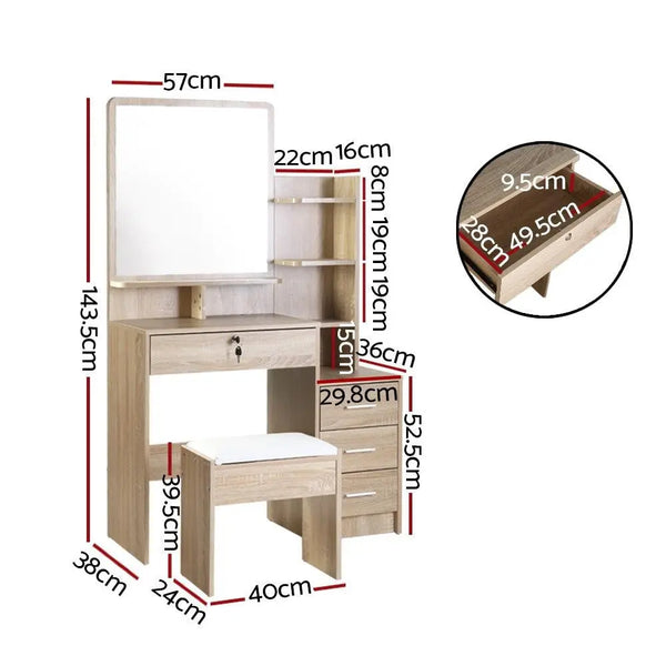 Artiss Dressing Table Mirror Stool Set Vanity Makeup Desk Organizer Drawer Oak Deals499