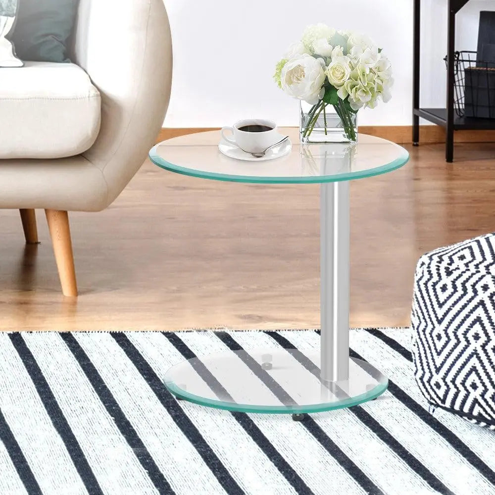 Artiss Side Coffee Table Bedside Furniture Oval Tempered Glass Top 2 Tier Deals499