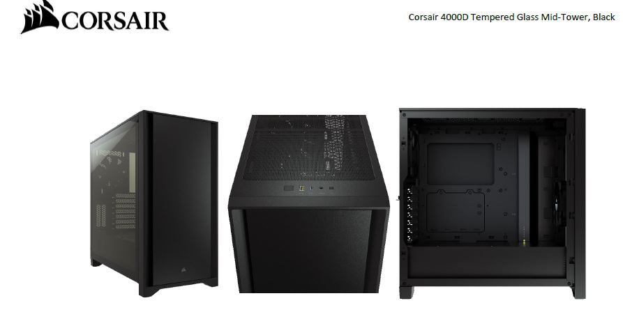 CORSAIR Carbide Series 4000D Solid Steel Front ATX Tempered Glass Black, 2x 120mm Fans pre-installed. USB 3.0 x 2, Audio I/O. Case CORSAIR