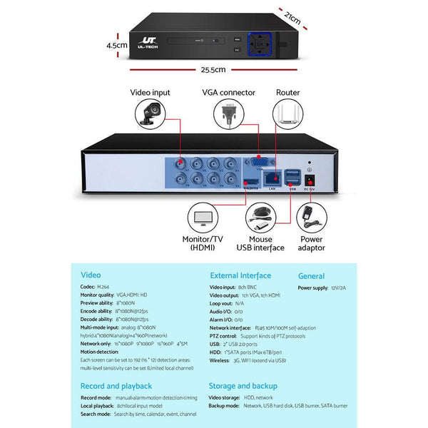 UL-tech CCTV Camera Home Security System 8CH DVR 1080P 1TB Hard Drive Outdoor Deals499