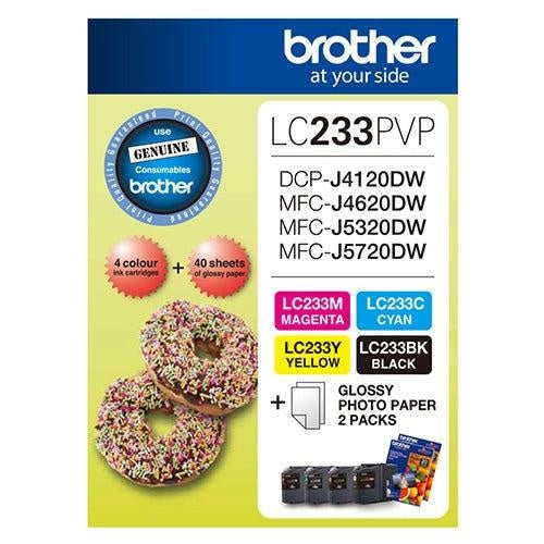 Brother LC233 Photo Value Pack- 1x Black 1x Cyan  1x Magenta 1XYellow + 40 Sheets Photo Paper BROTHER