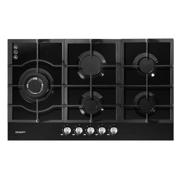 Devanti Gas Cooktop 90cm 5 Burner Stove Hob Cooker Kitchen NG LPG Black Glass Deals499