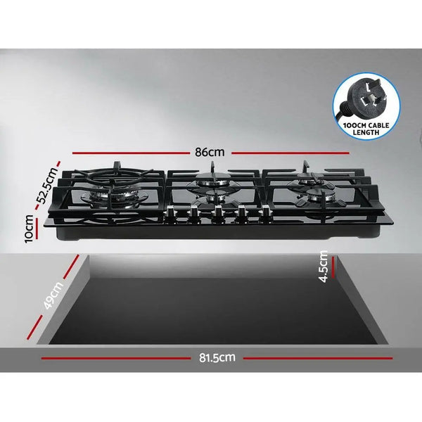 Devanti Gas Cooktop 90cm 5 Burner Stove Hob Cooker Kitchen NG LPG Black Glass Deals499