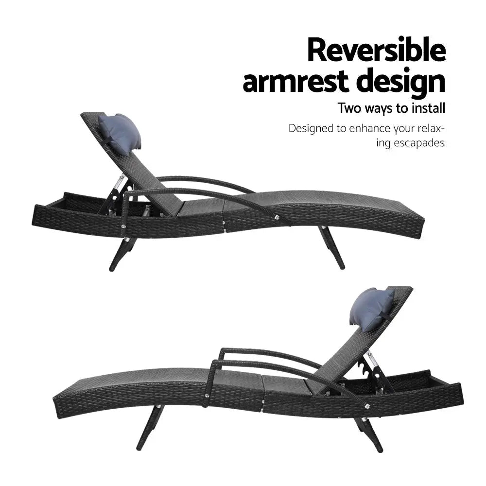 Gardeon Set of 2 Sun Lounge Outdoor Furniture Wicker Lounger Rattan Day Bed Garden Patio Black Deals499