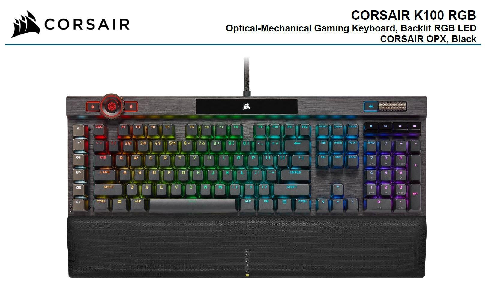 CORSAIR K100 RGB, Cherry Corsair OPX Switch, AXON 44-Zone RGB, PBT Double-Shot Keycaps, Black,  Mechanical Gaming Keyboard CORSAIR