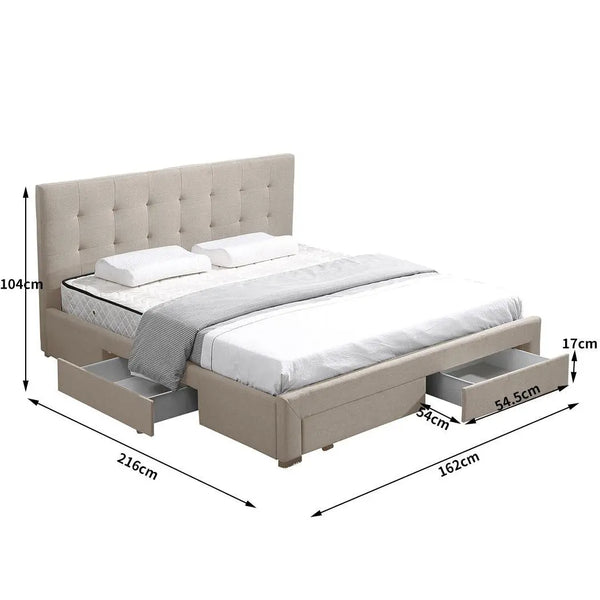 Levede Bed Frame  Queen Fabric With Drawers Storage Wooden Mattress Beige Deals499