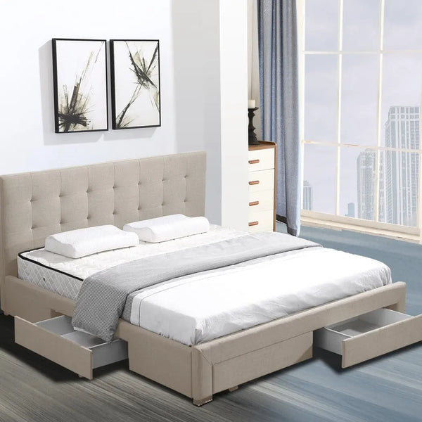 Levede Bed Frame  Queen Fabric With Drawers Storage Wooden Mattress Beige Deals499