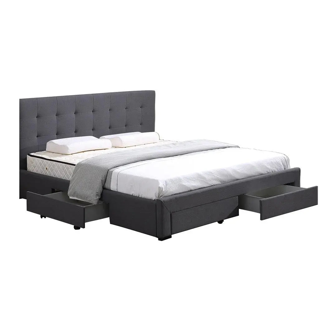 Levede Bed Frame Base With Storage Drawer Mattress Wooden Fabric Queen Dark Grey Deals499