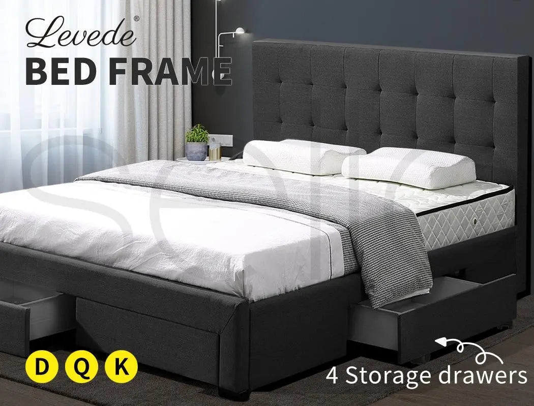 Levede Bed Frame Base With Storage Drawer Mattress Wooden Fabric Queen Dark Grey Deals499