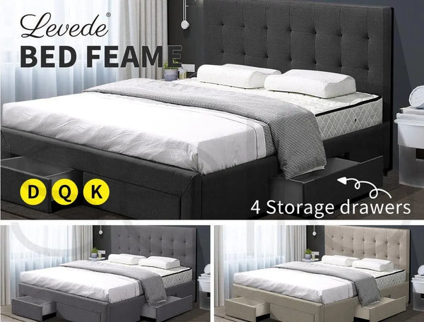 Levede Bed Frame Base With Storage Drawer Mattress Wooden Fabric Queen Dark Grey Deals499