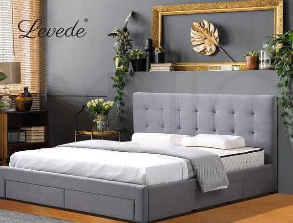 Levede Bed Frame Base With Storage Drawer Mattress Wooden Fabric Queen Dark Grey Deals499