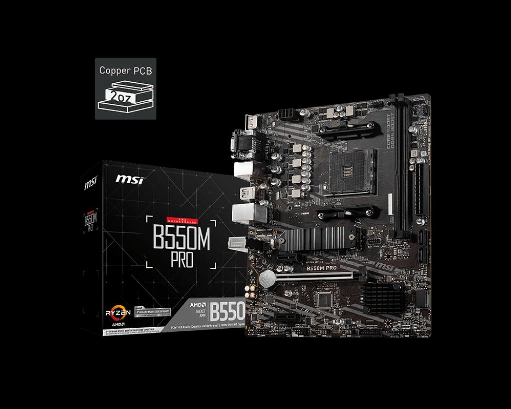 MSI B550M PRO Motherboard AMD Ryzen AM4 DDR4 2x DIMM Slots (Max 64GB) 1x PCI-e 4.0 DP HDMI VGA 1x M.2 4x SATA 6x USB 3.2 Gen 1 6x USB 2.0 MSI