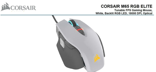 Corsair M65 RGB ELITE Tunable FPS Gaming Mouse White with Black, 18000 DPI, Optical, iCUE Software. CORSAIR