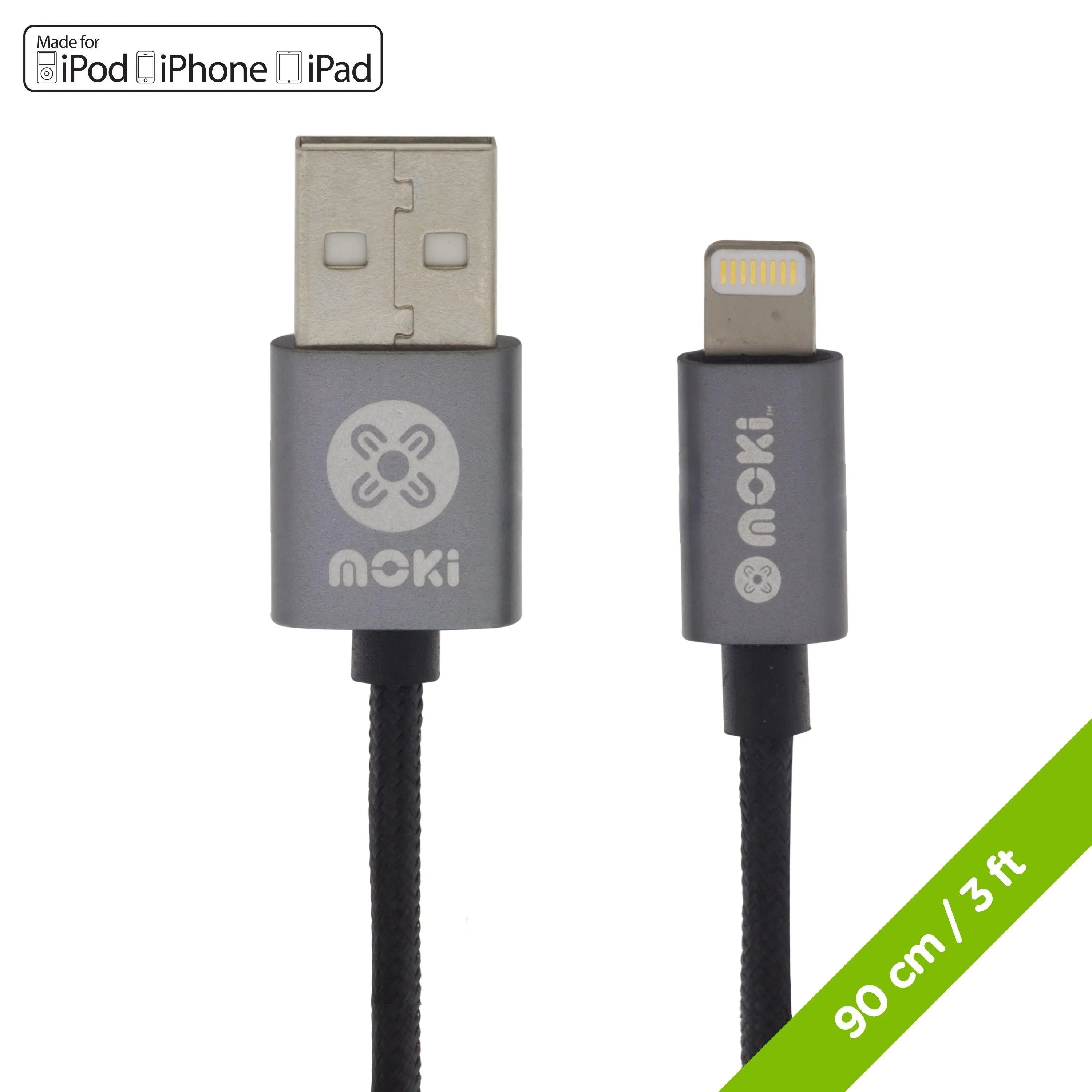 MOKI Lightning SynCharge Cable - 90cm/3ft Black Cable/Gun Metal Housing MOKI