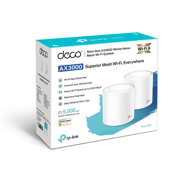 TP-LINK Deco X60 (2-pack) AX3000 Whole Home Mesh Wi-Fi 6 System (WIFI6), Up to 460sqm Coverage, WPA3, TP-Link Homecare, OFDMA, MU-MIMO TP-LINK