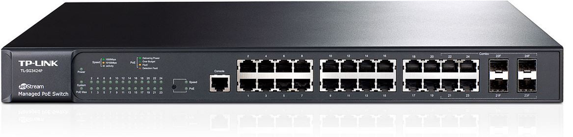 TP-Link T2600G-28MPS (TL-SG3424P) JetStream 24-Port Gigabit L2+ Managed PoE+ Switch with 4 Combo SFP Slots 384W 56Gbps Switching 41.7Mpps Forward Rate TP-LINK