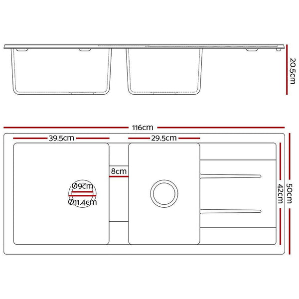 Cefito Stone Kitchen Sink 1160X500MM Granite Under/Topmount Basin Double Bowl Black Deals499