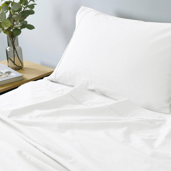 Royal Comfort Vintage Washed 100% Cotton Sheet Set Fitted Flat Sheet Pillowcases Single White Deals499