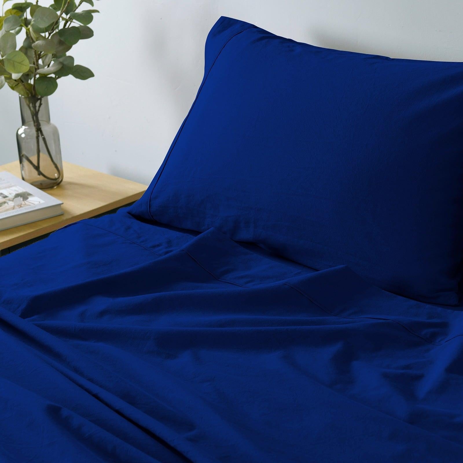 Royal Comfort Vintage Washed 100% Cotton Sheet Set Fitted Flat Sheet Pillowcases Single Royal Blue Deals499