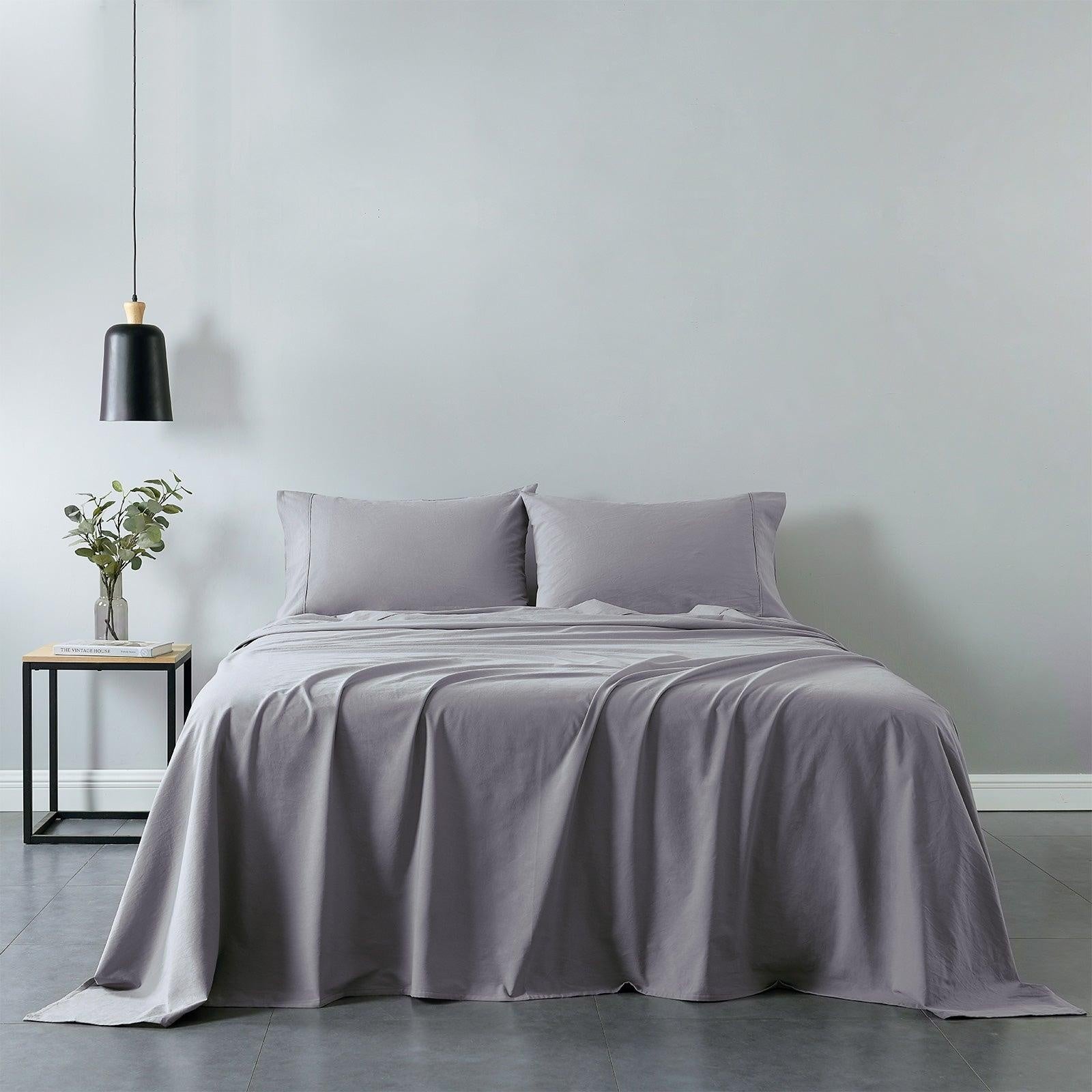 Royal Comfort Vintage Washed 100% Cotton Sheet Set Fitted Flat Sheet Pillowcases Single Grey Deals499