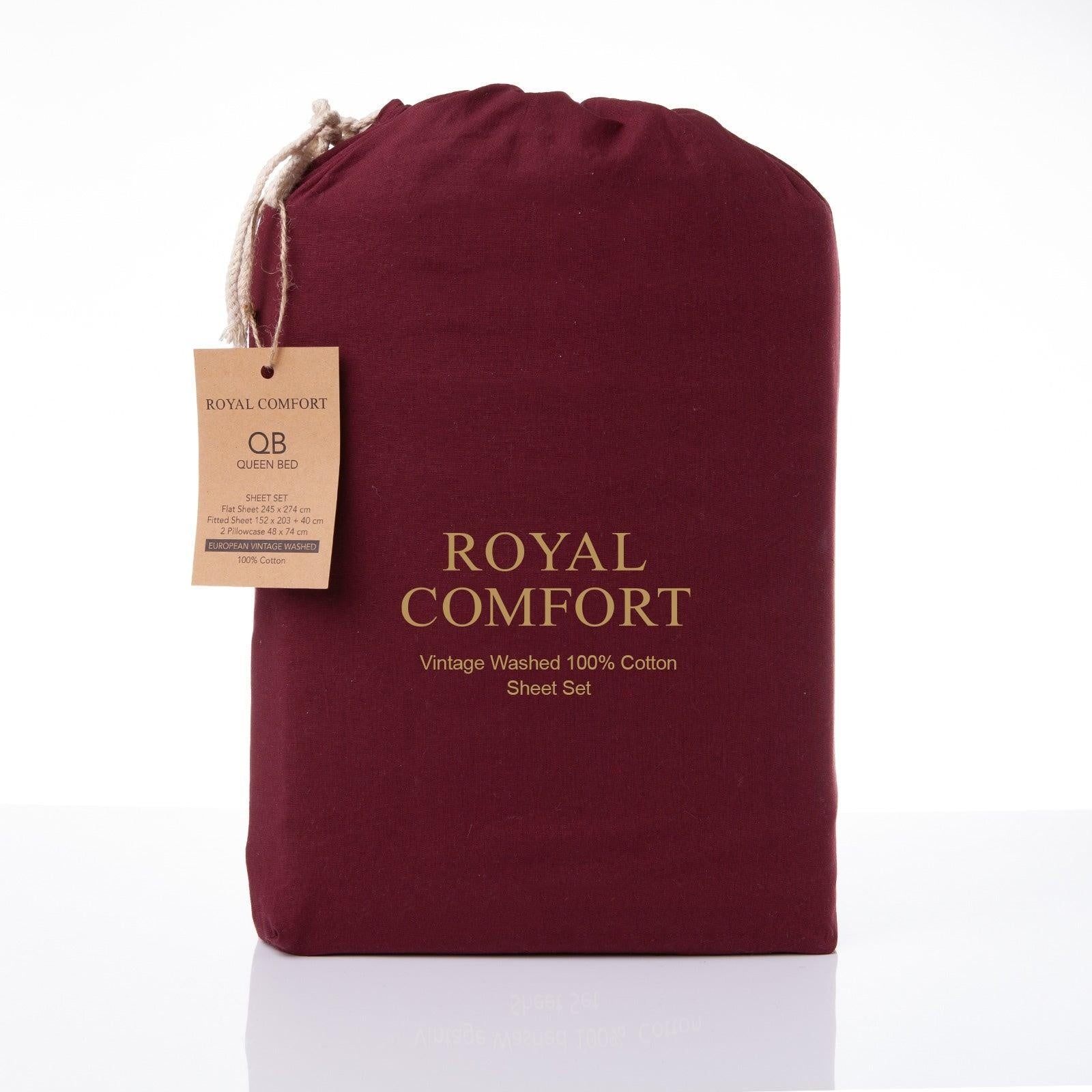 Royal Comfort Vintage Washed 100% Cotton Sheet Set Fitted Flat Sheet Pillowcases Single Mulled Wine Deals499