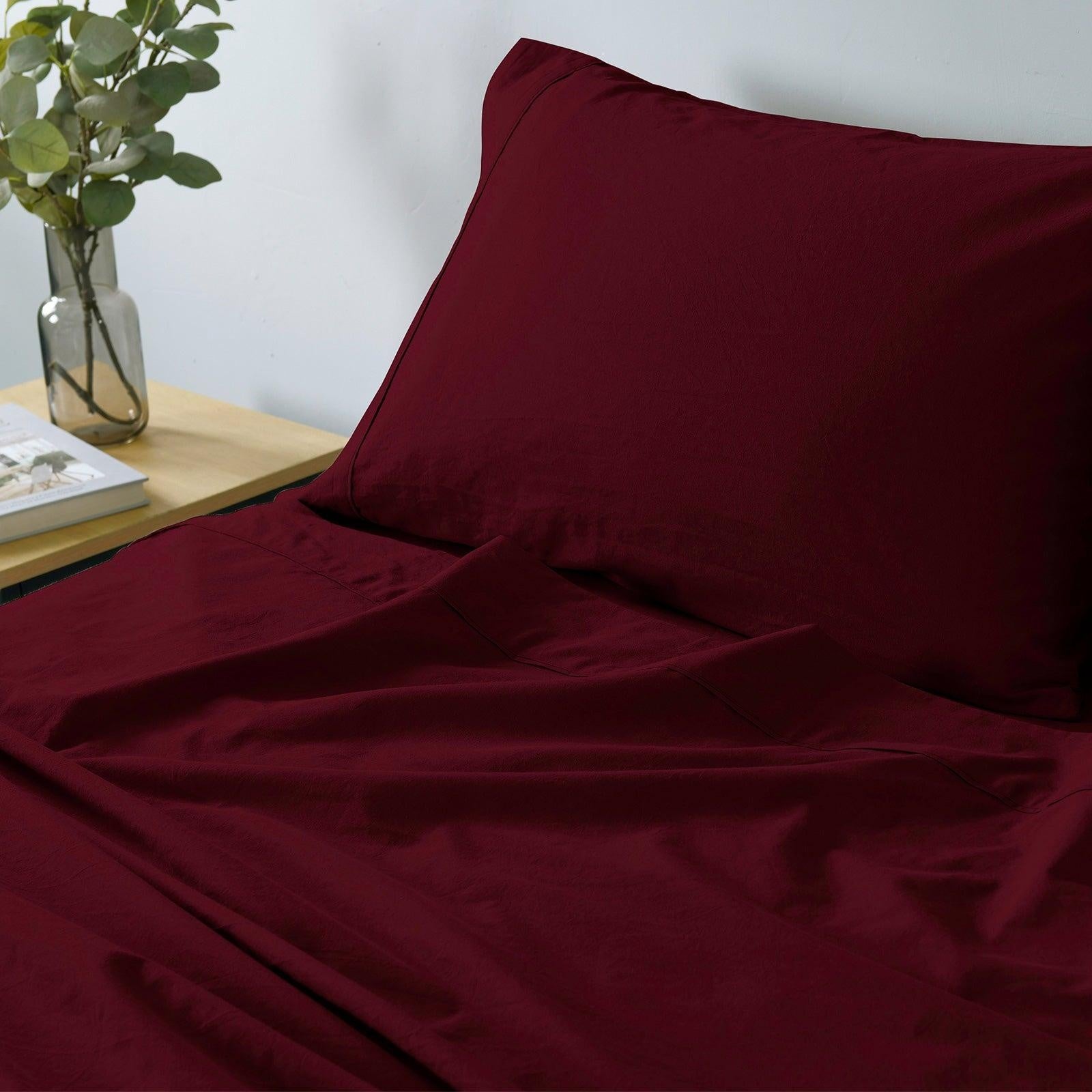 Royal Comfort Vintage Washed 100% Cotton Sheet Set Fitted Flat Sheet Pillowcases Single Mulled Wine Deals499