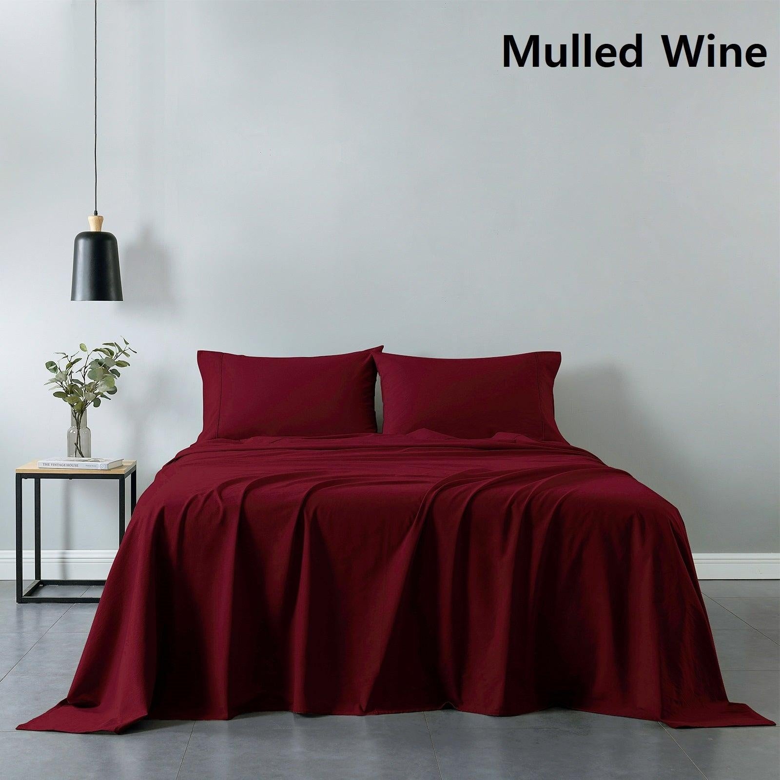 Royal Comfort Vintage Washed 100% Cotton Sheet Set Fitted Flat Sheet Pillowcases Single Mulled Wine Deals499