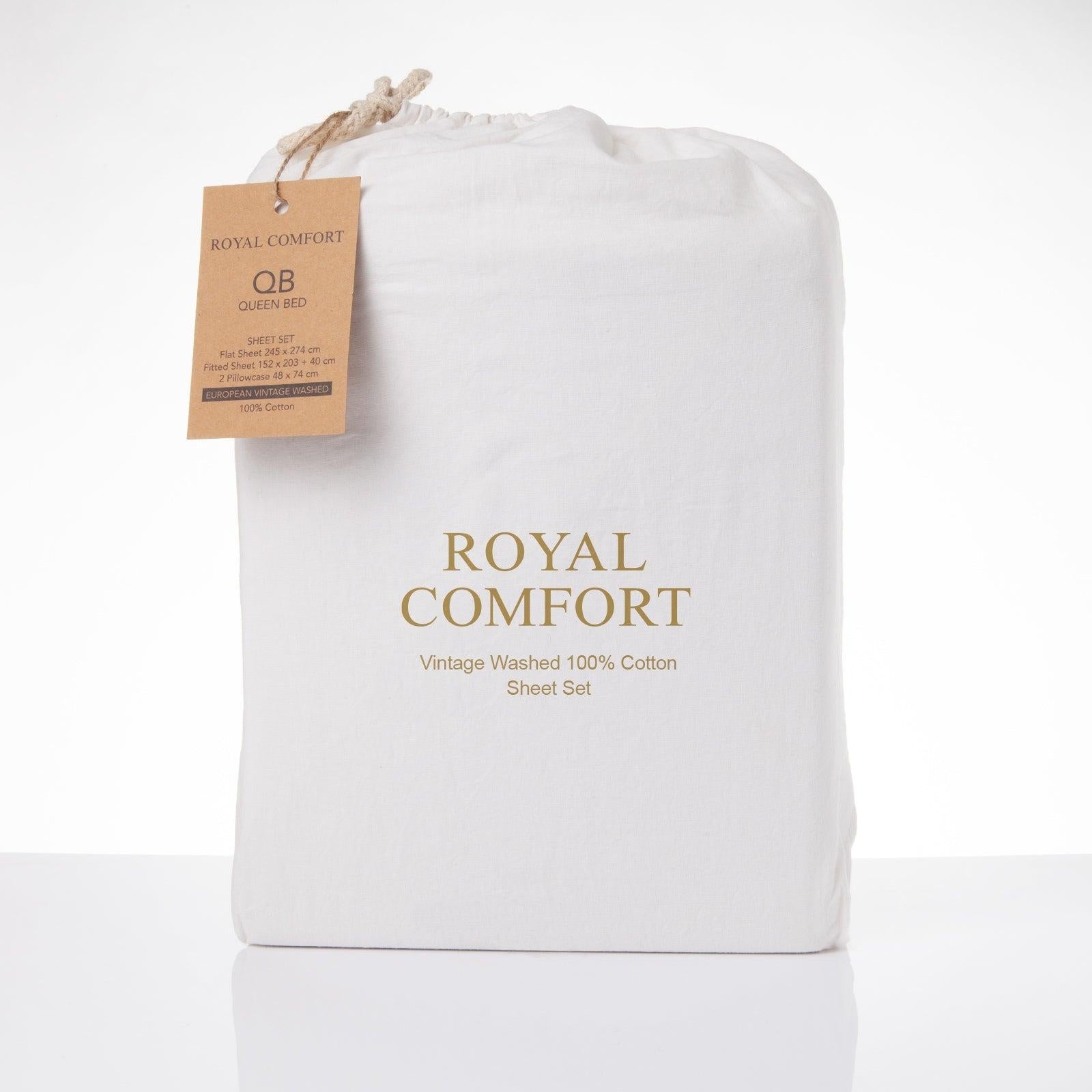 Royal Comfort Vintage Washed 100% Cotton Sheet Set Fitted Flat Sheet Pillowcases Double White Deals499