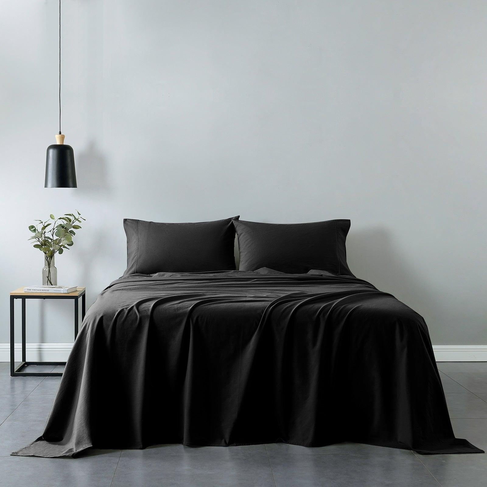 Royal Comfort Vintage Washed 100% Cotton Sheet Set Fitted Flat Sheet Pillowcases Queen Charcoal Deals499