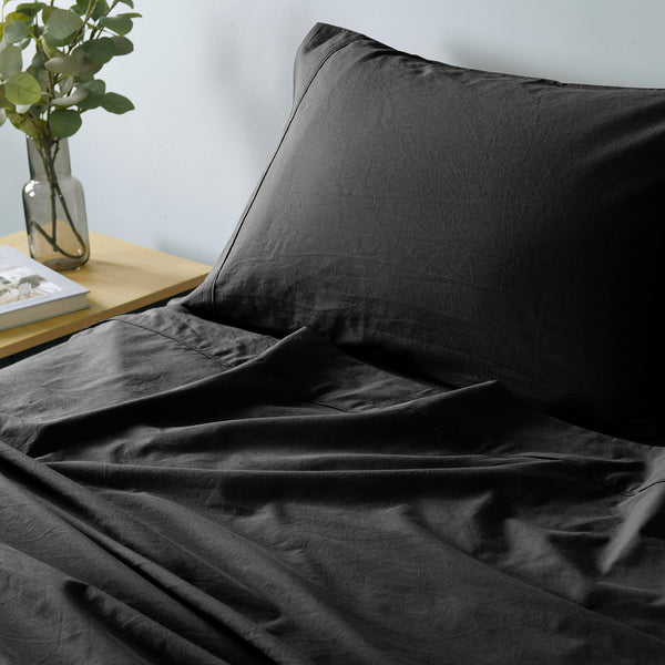 Royal Comfort Vintage Washed 100% Cotton Sheet Set Fitted Flat Sheet Pillowcases Queen Charcoal Deals499