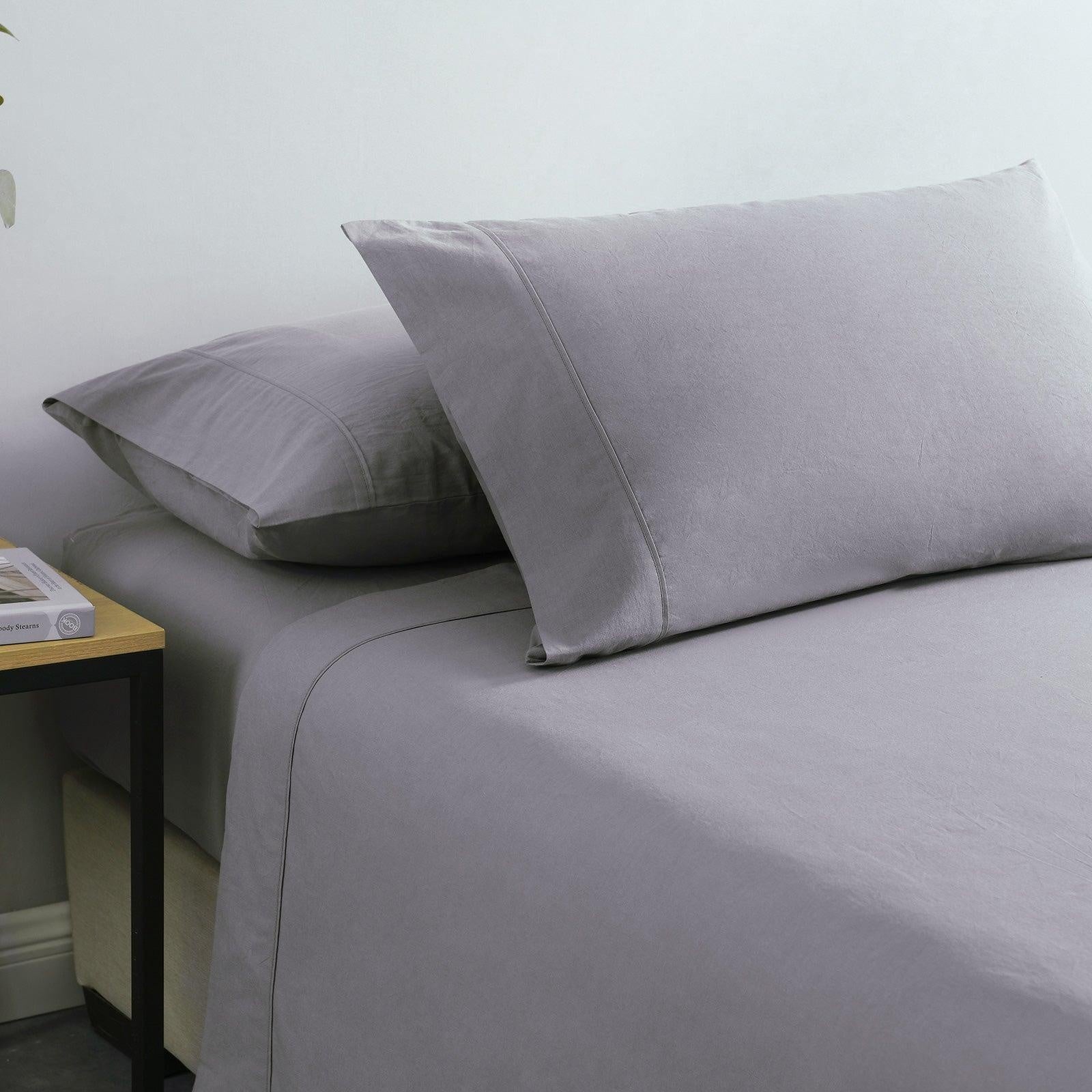 Royal Comfort Vintage Washed 100% Cotton Sheet Set Fitted Flat Sheet Pillowcases Queen Grey Deals499