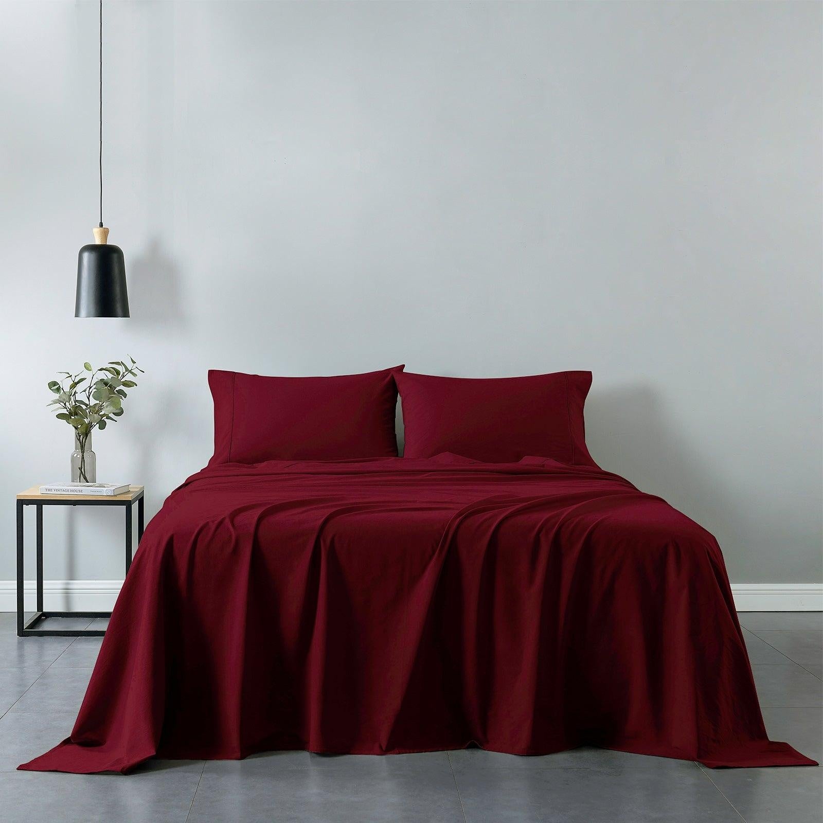 Royal Comfort Vintage Washed 100% Cotton Sheet Set Fitted Flat Sheet Pillowcases King Mulled Wine Deals499