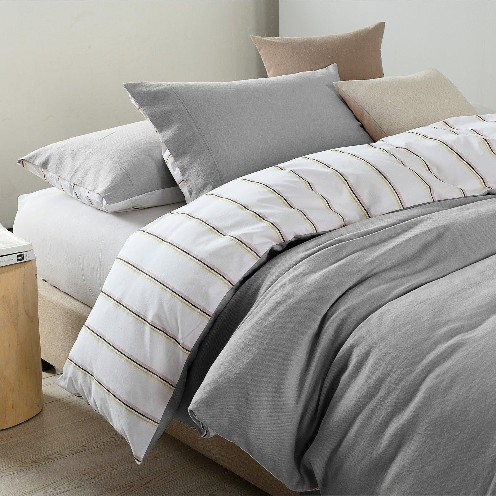 Royal Comfort Hemp Braid Cotton Blend Quilt Cover Set Reverse Stripe Bedding Light Grey Queen Deals499