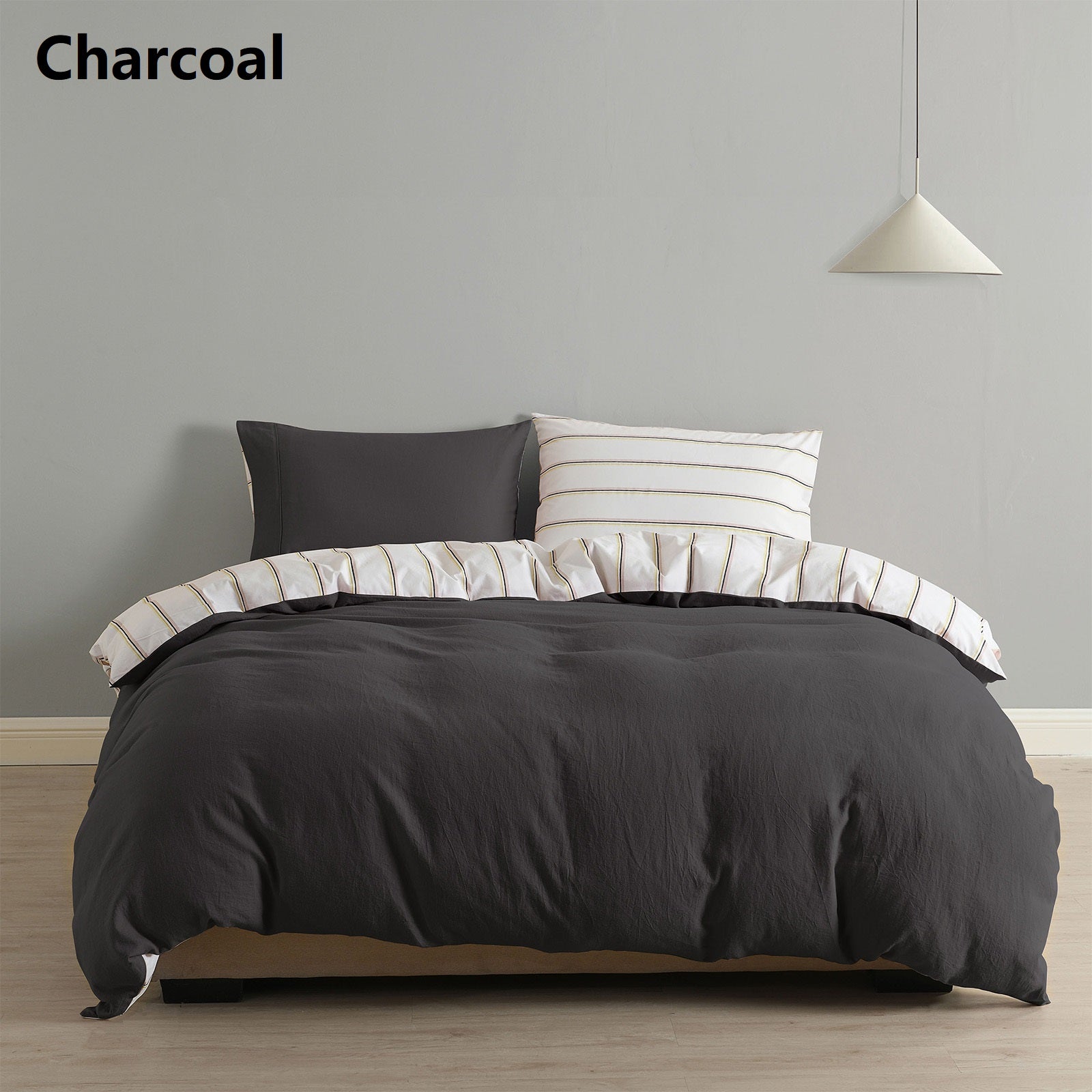 Royal Comfort Hemp Braid Cotton Blend Quilt Cover Set Reverse Stripe Bedding - King - Charcoal from Deals499 at Deals499