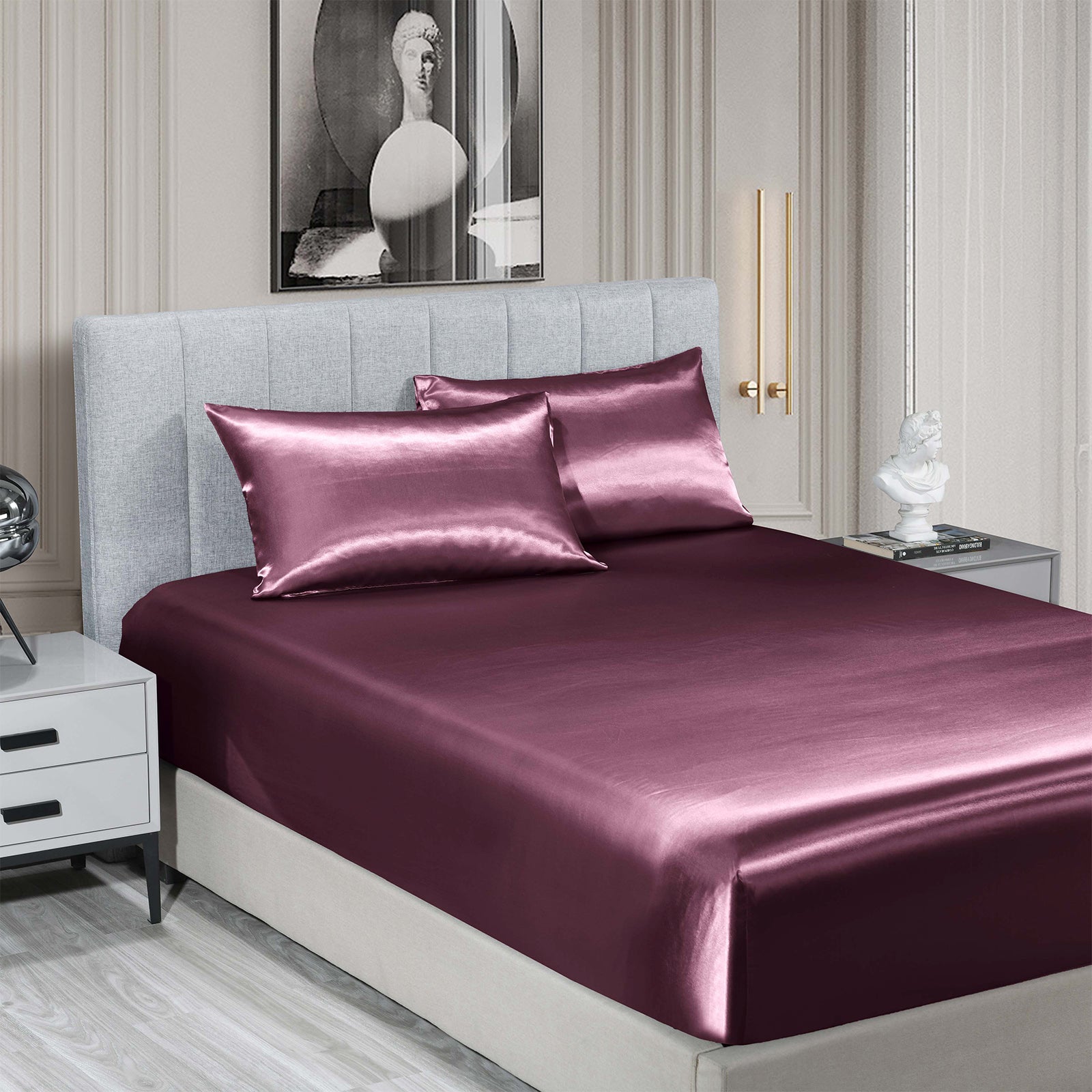 Royal Comfort Satin Sheet Set 3 Piece Fitted Sheet Pillowcase Soft  - Queen - Malaga Wine Deals499